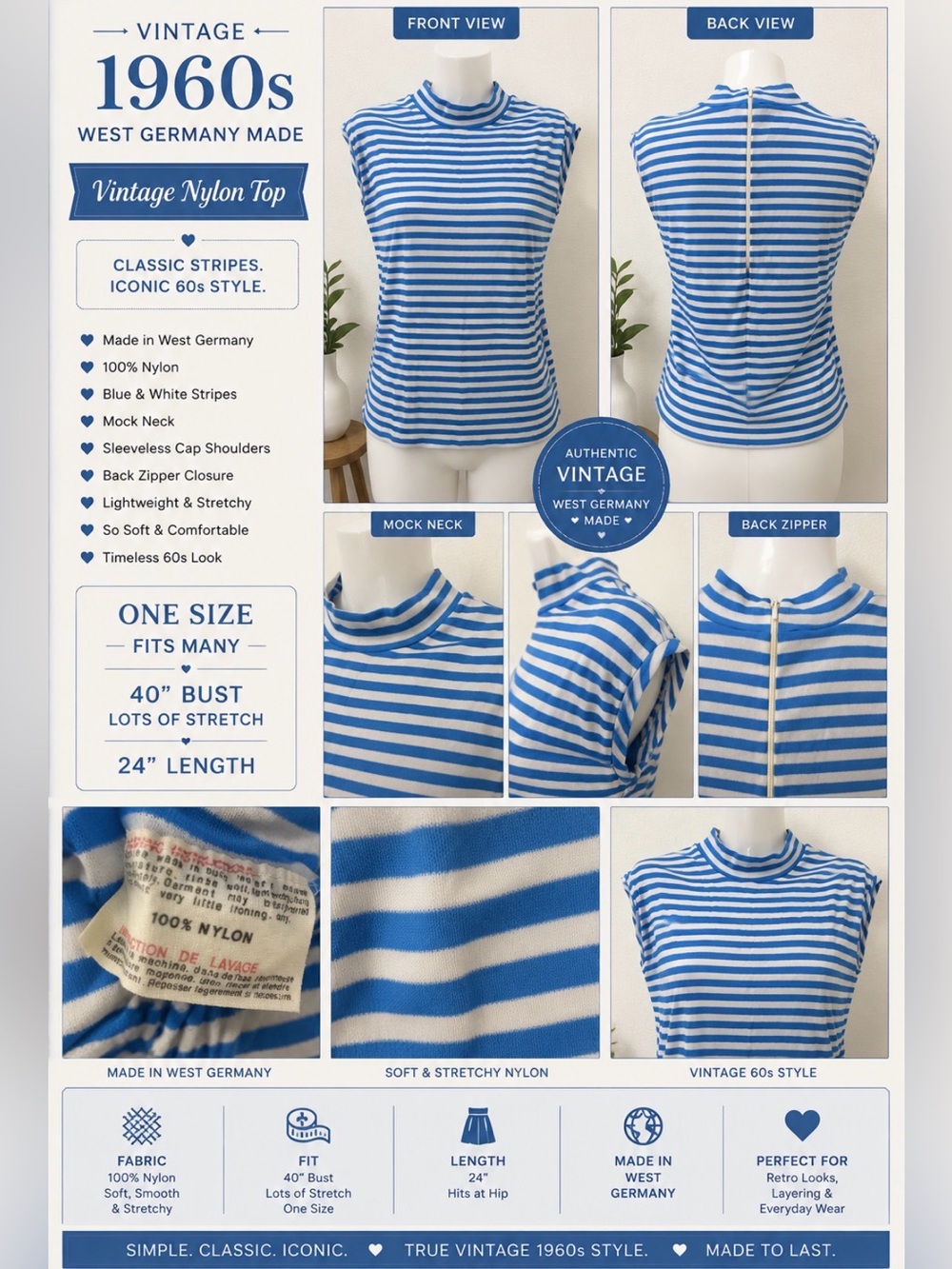 Vintage Blue and White Striped Mock Neck Sleeveless Top